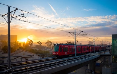 Blue line trolley at sunrise