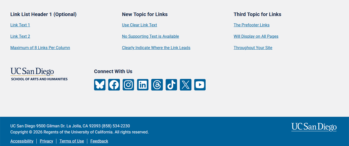Screenshot of 4 column prefooter with social media column on the bottom